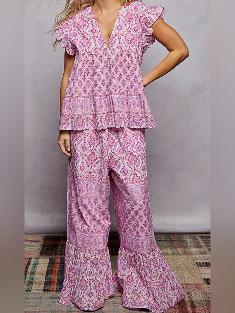 NEW SET: The Mia”Pink Printed Ruffle Sleeve Top & Wide Leg ruffle Pants Set